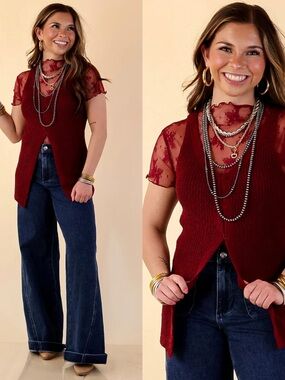 Burgundy Lace Overlay Knit Vest Top fits S/M
